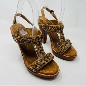 Frye Joy Stud Leather Heel Sandals 6.5 Distressed Open Toe Brown Leather Pumps